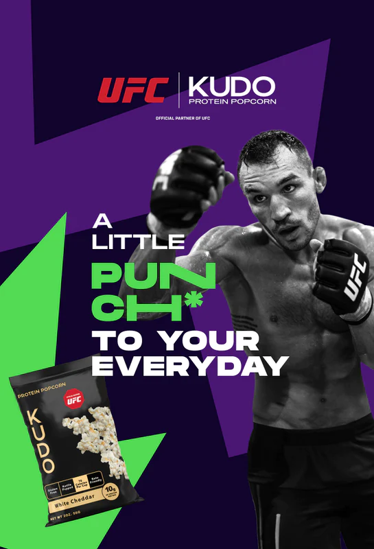 power snacking UFC poster showing kudo popcorn bag